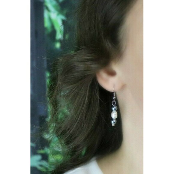 Sterling Silver White and Black Pearl Earrings Dangle Drop Earrings - Picture 3 of 7